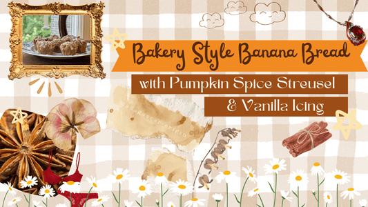 cottagecore collage of Fairly Flora bakery style banana bread with pumpkin spice streusel and vanilla icing