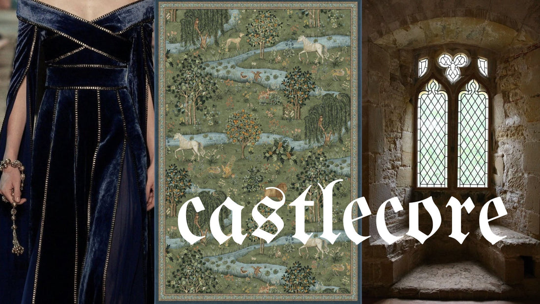 Castlecore aesthetic shines through in a modern medieval style velvet dress, ornately detailed rug, and stone bench
