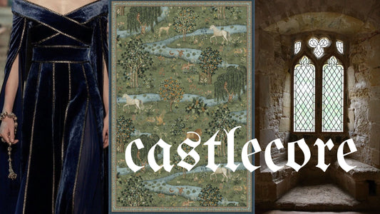 Castlecore aesthetic shines through in a modern medieval style velvet dress, ornately detailed rug, and stone bench