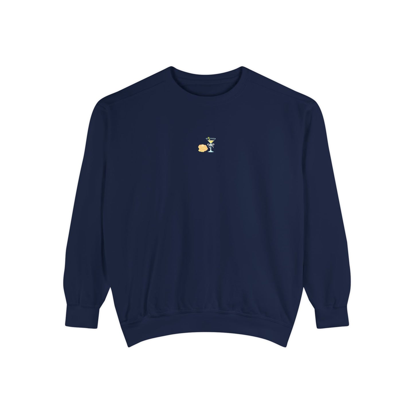 Navy blue sweatshirt with small embroidered stack of latkes and martini design at center chest