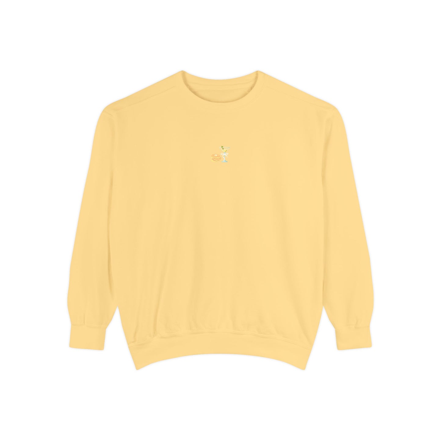 Butter yellow sweatshirt with small embroidered stack of latkes and martini design at center chest