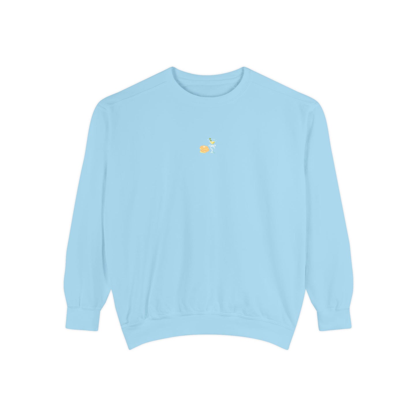 Light blue sweatshirt with small embroidered stack of latkes and martini design at center chest