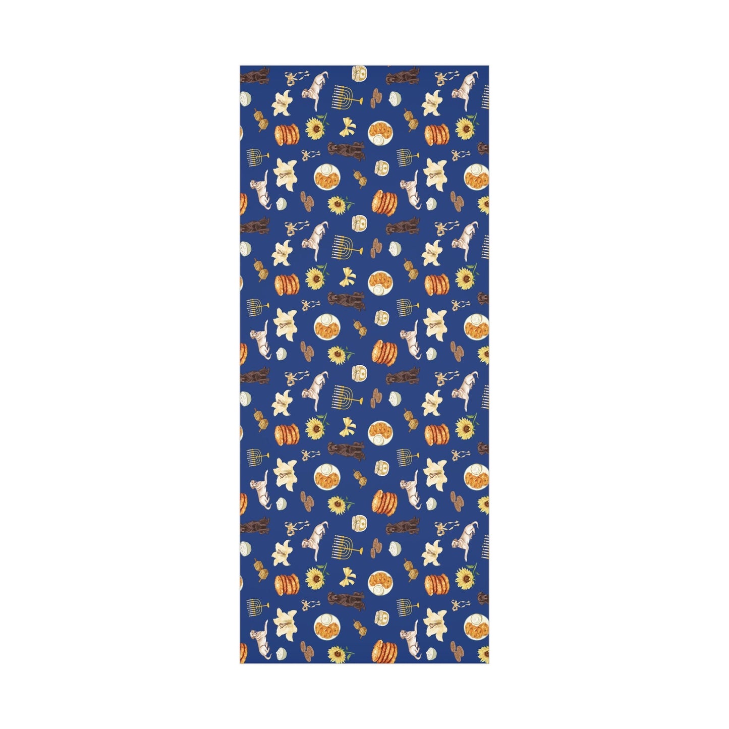 Patterned Hanukkah wrapping paper swatch with small dog and latke designs on a blue background