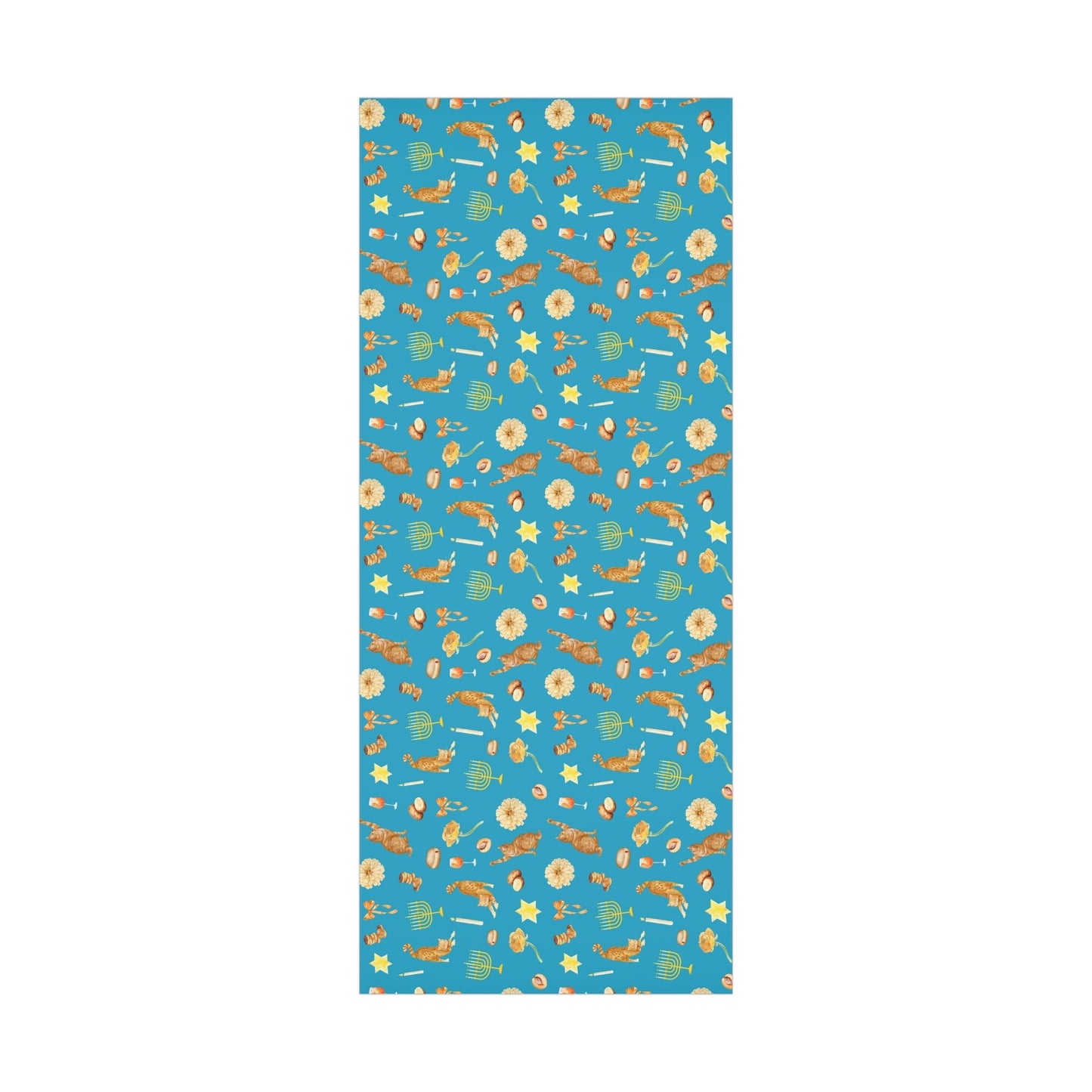 Blue wrapping paper Hanukkah pattern of orange cats, menorahs, gelt, flowers, and candles