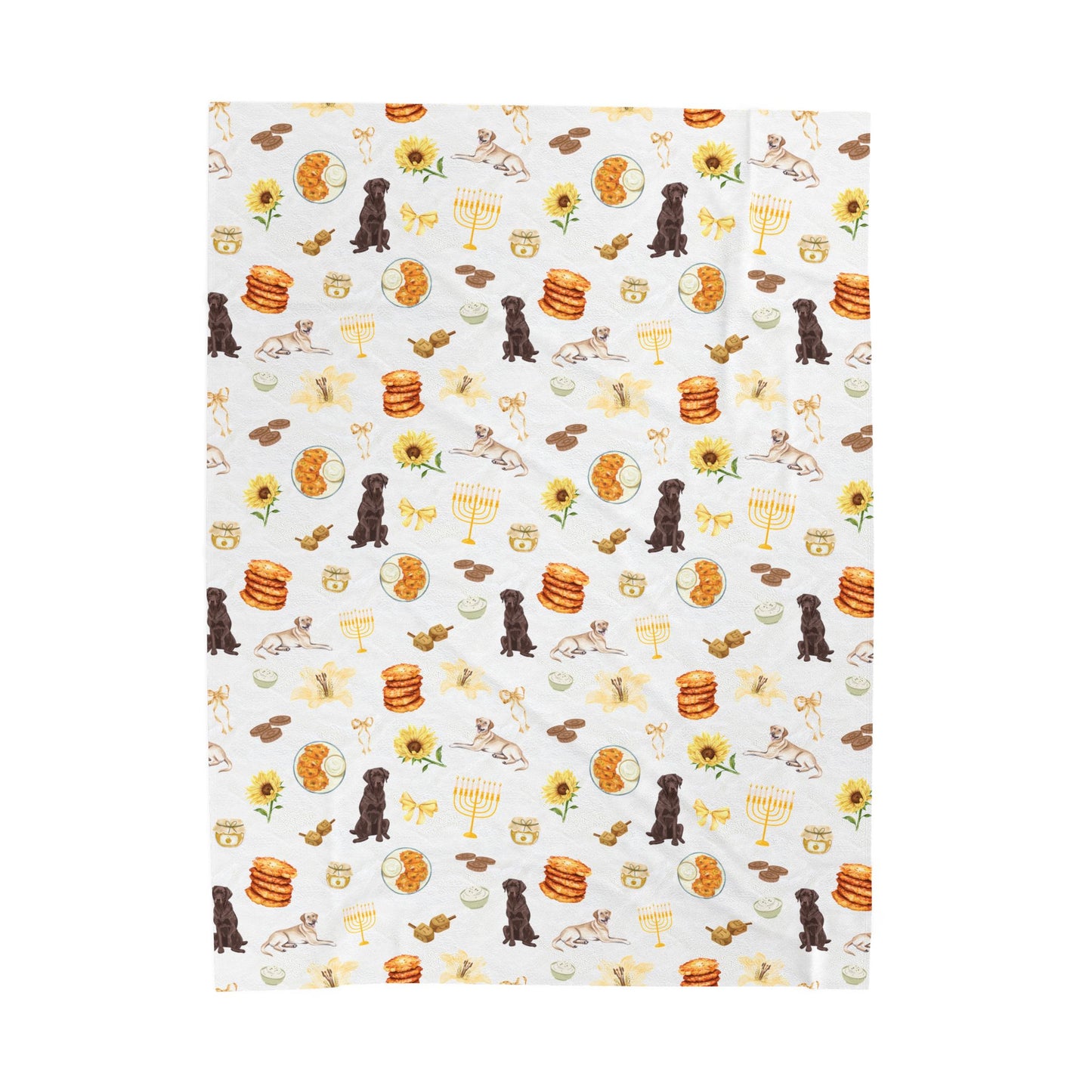 Patterned throw blanket for Hanukkah with dogs, latkes, sunflowers, and other elements on a white background