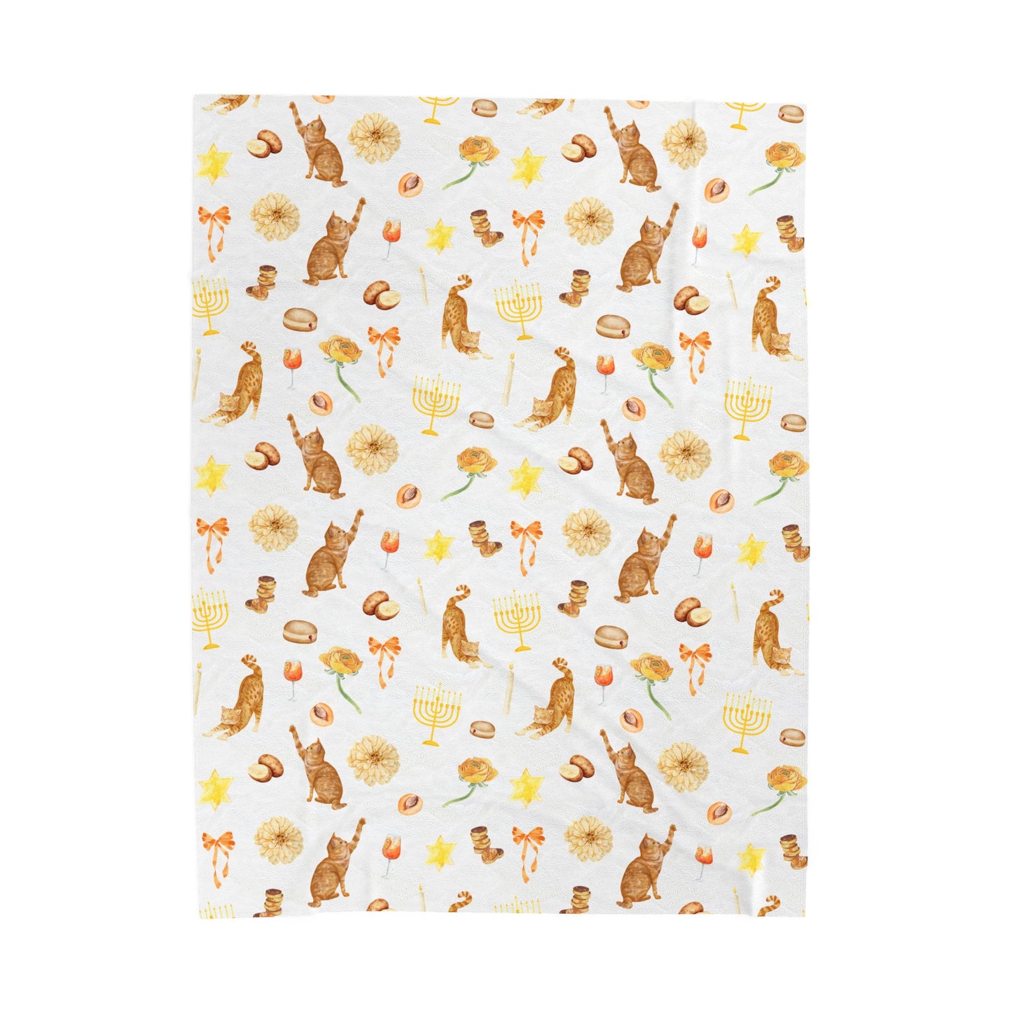 Patterned blanket with cats, flowers, and candles on a white background