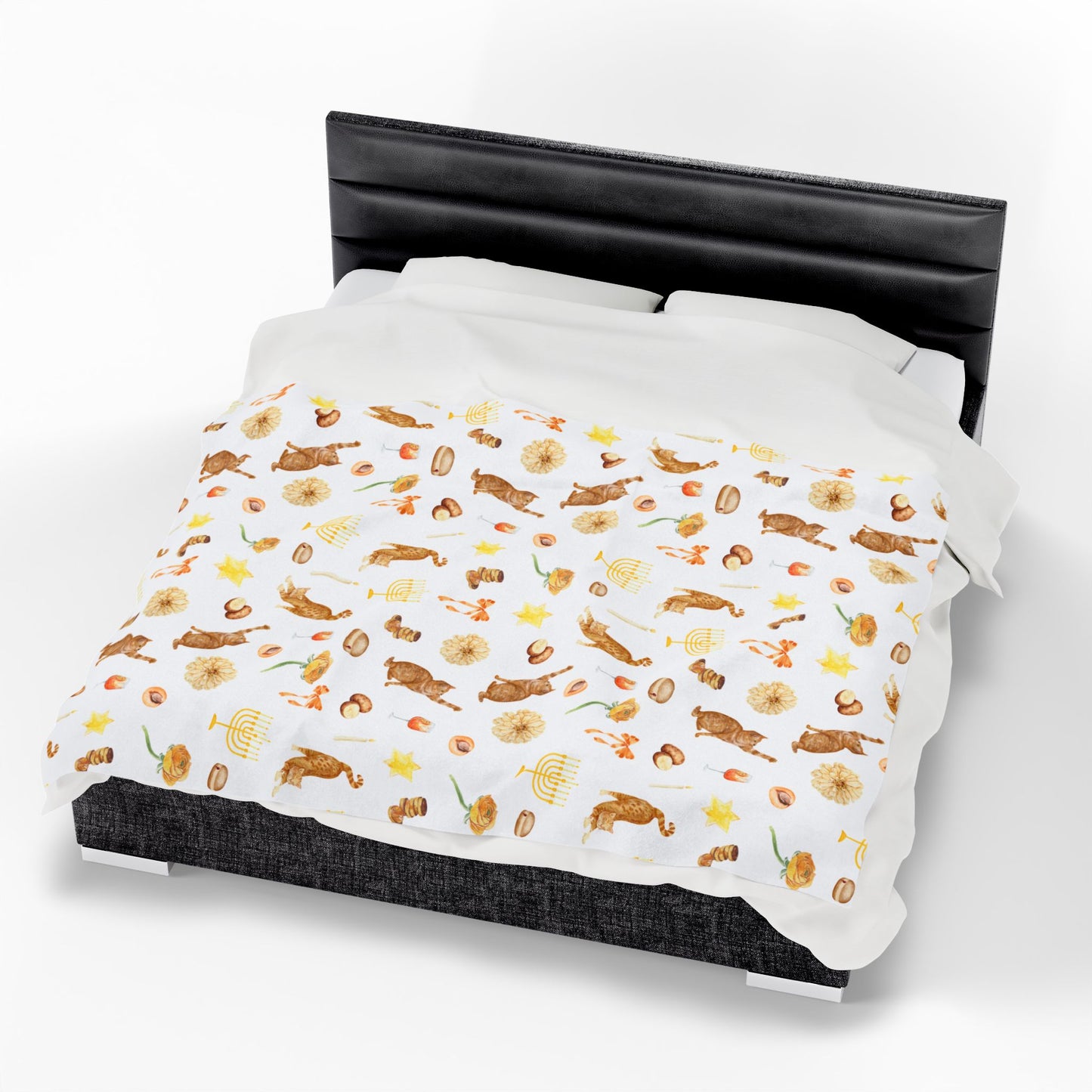 Top view of Hanukkah throw blanket featuring cats, menorahs, and flowers