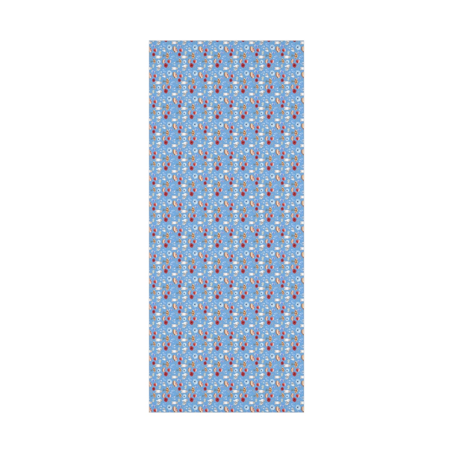 Patterned Hanukkah wrapping paper swatch with small dog and donut designs on a blue background