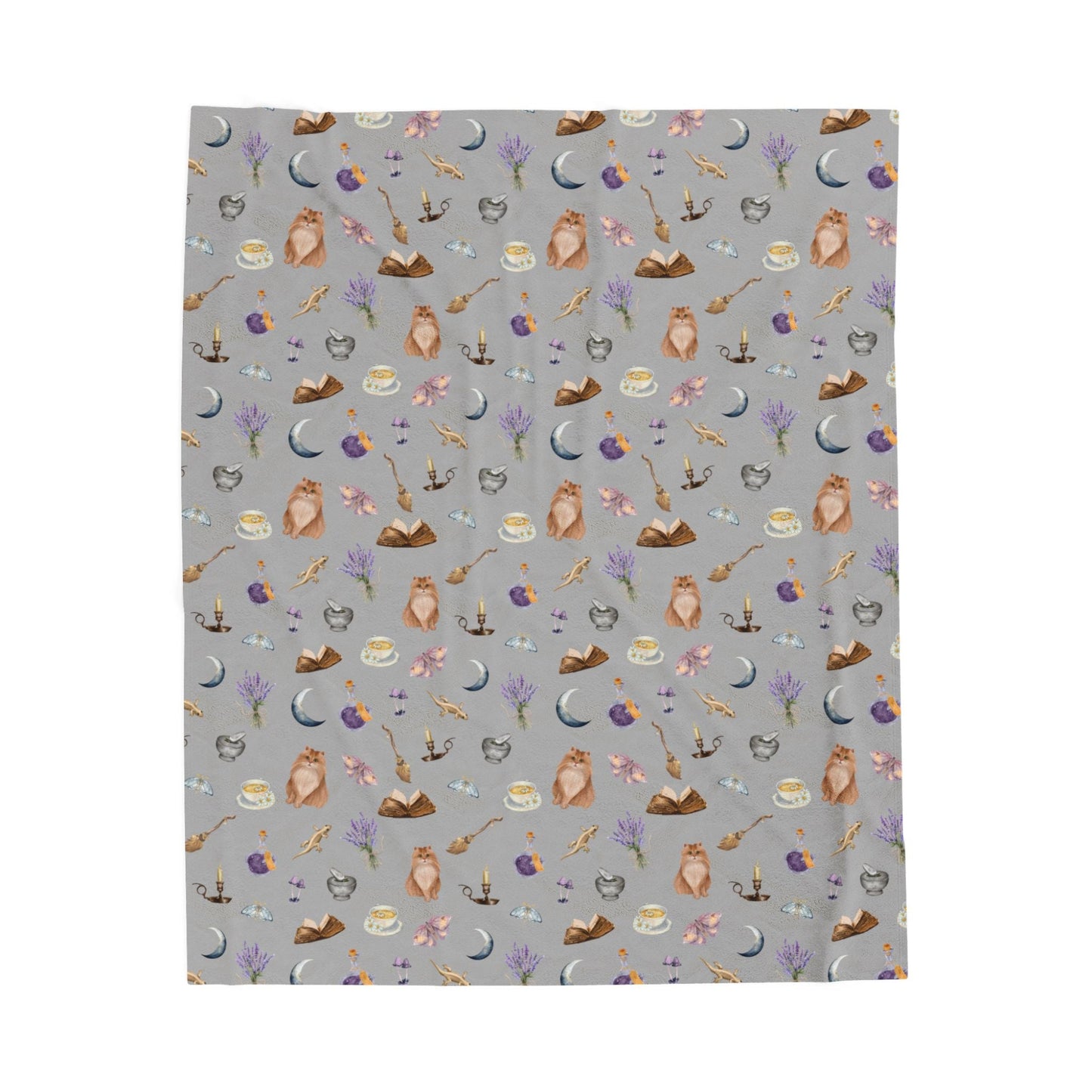 printed throw blanket featuring witchy aesthetic cats, brooms, cauldrons, herbs, potions, moths, and mushrooms