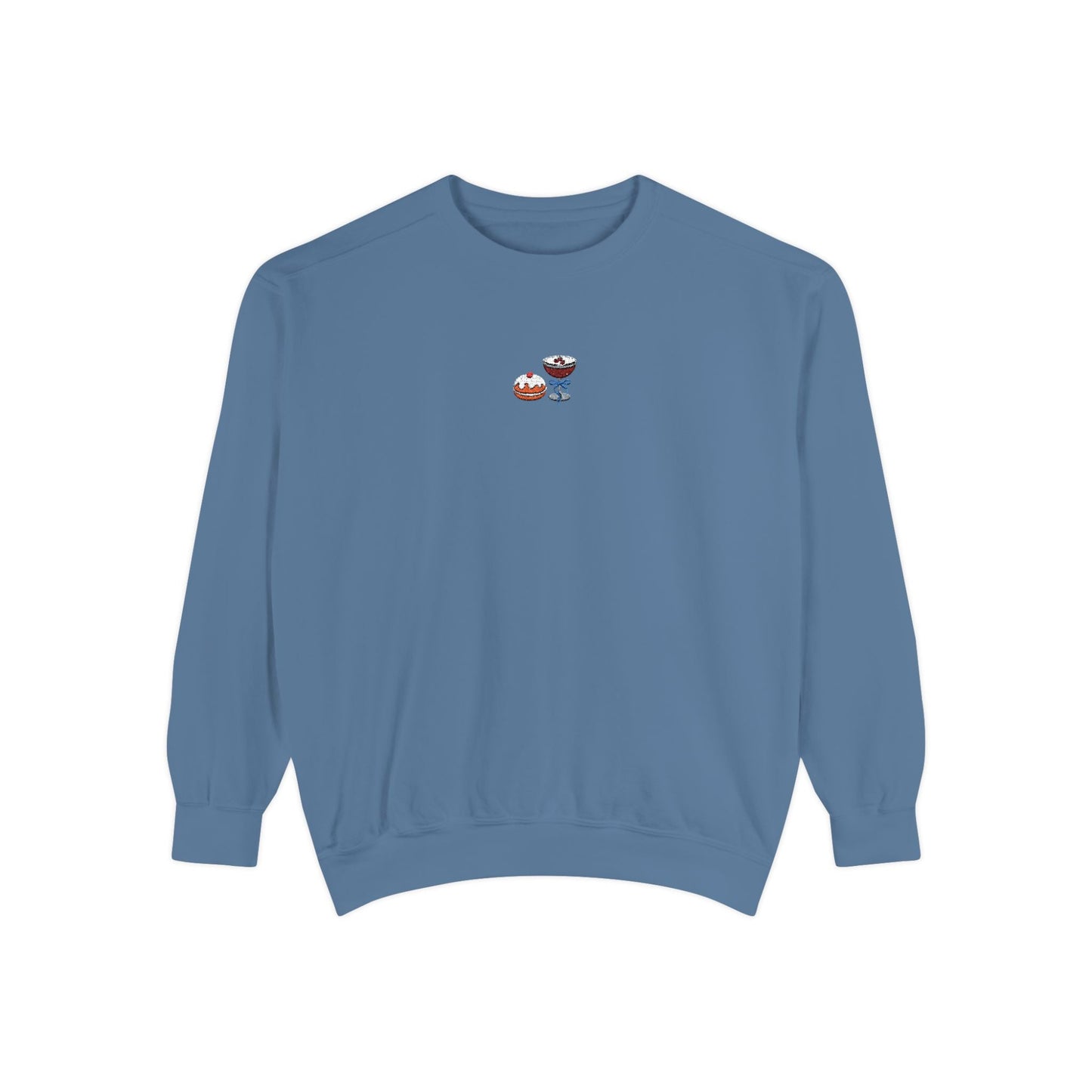 Blue crewneck sweatshirt with small embroidered design of sufganiyah and espresso martini