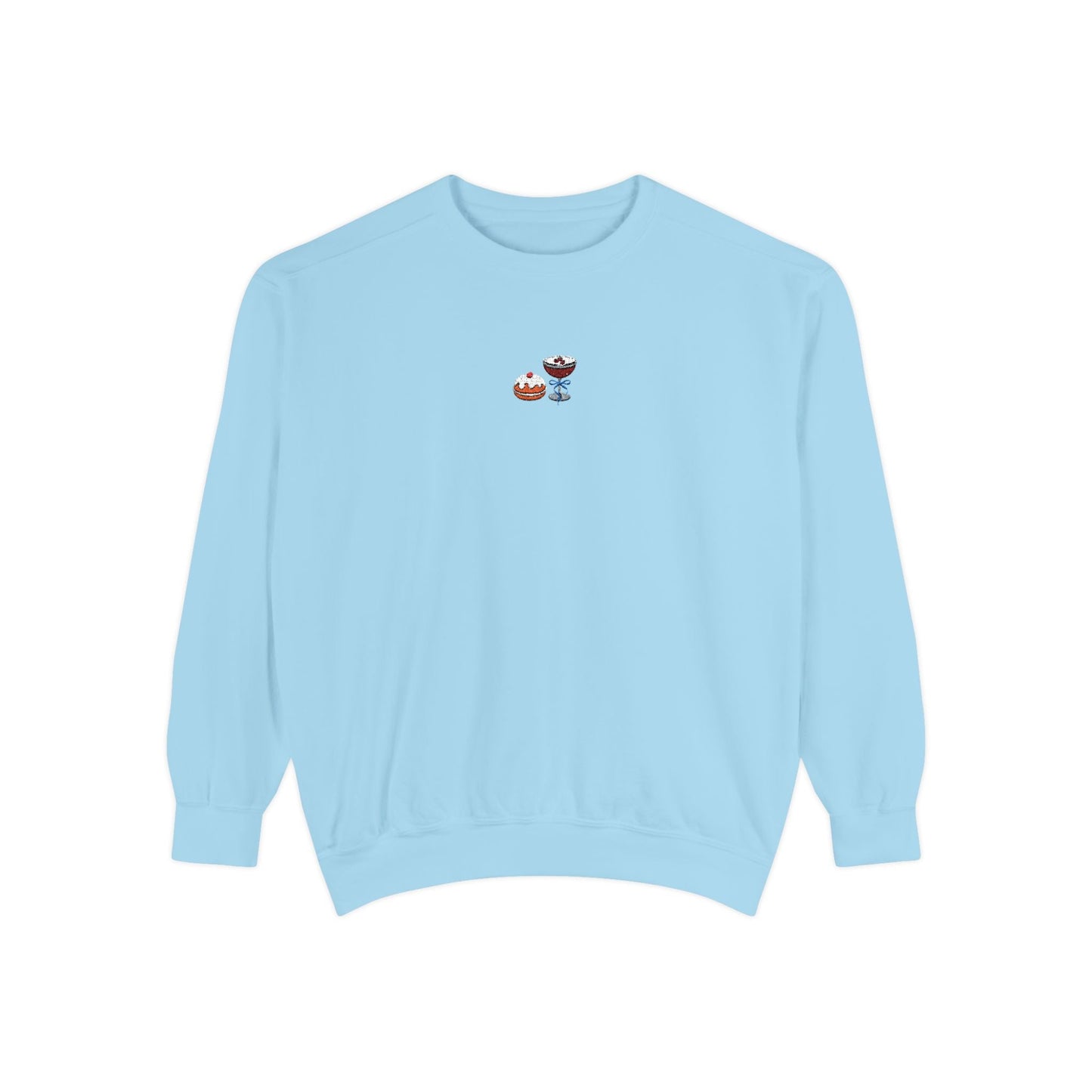 Light blue crewneck sweatshirt with small embroidered design of sufganiyah and espresso martini