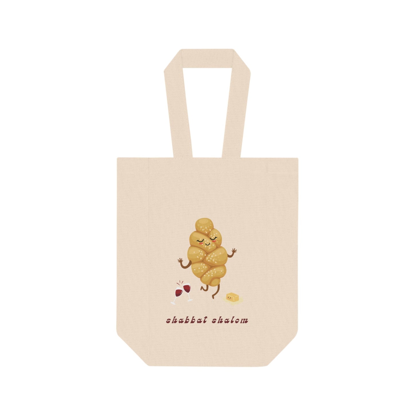 natural canvas tote bag holds two bottles of wine for the perfect hostess gift featuring a shabbat print with challah