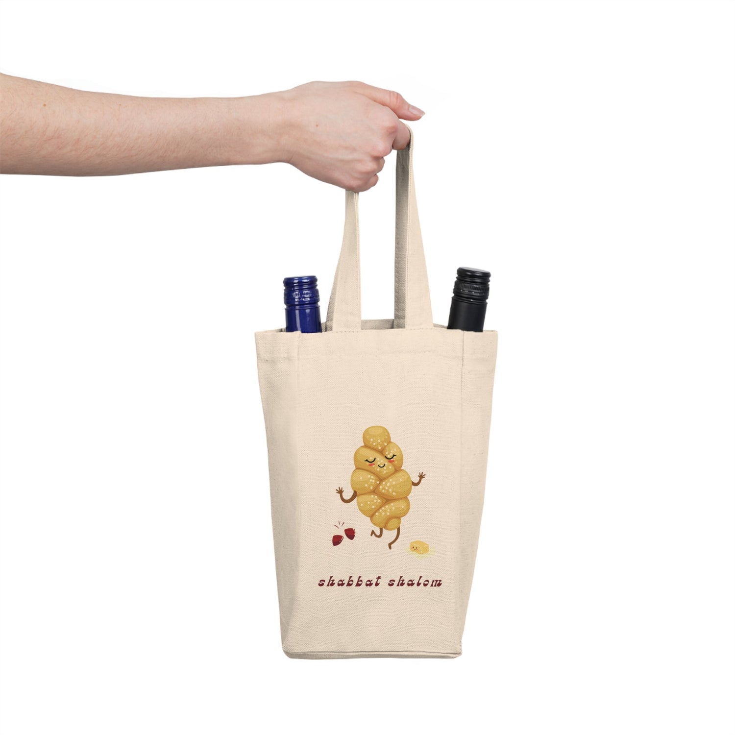 canvas tote bag holds 2 wine bottles and decorated with a challah, wine, and margarine/butter for shabbat dinner