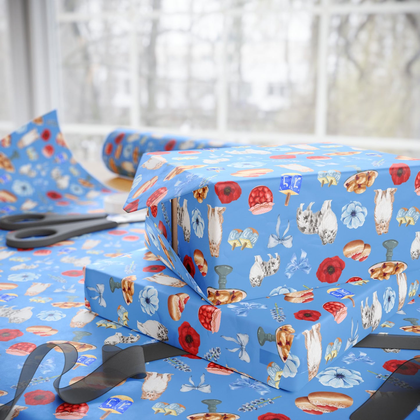 Hanukkah Gift Wrapping Paper - Shelties & Sufganiyot
