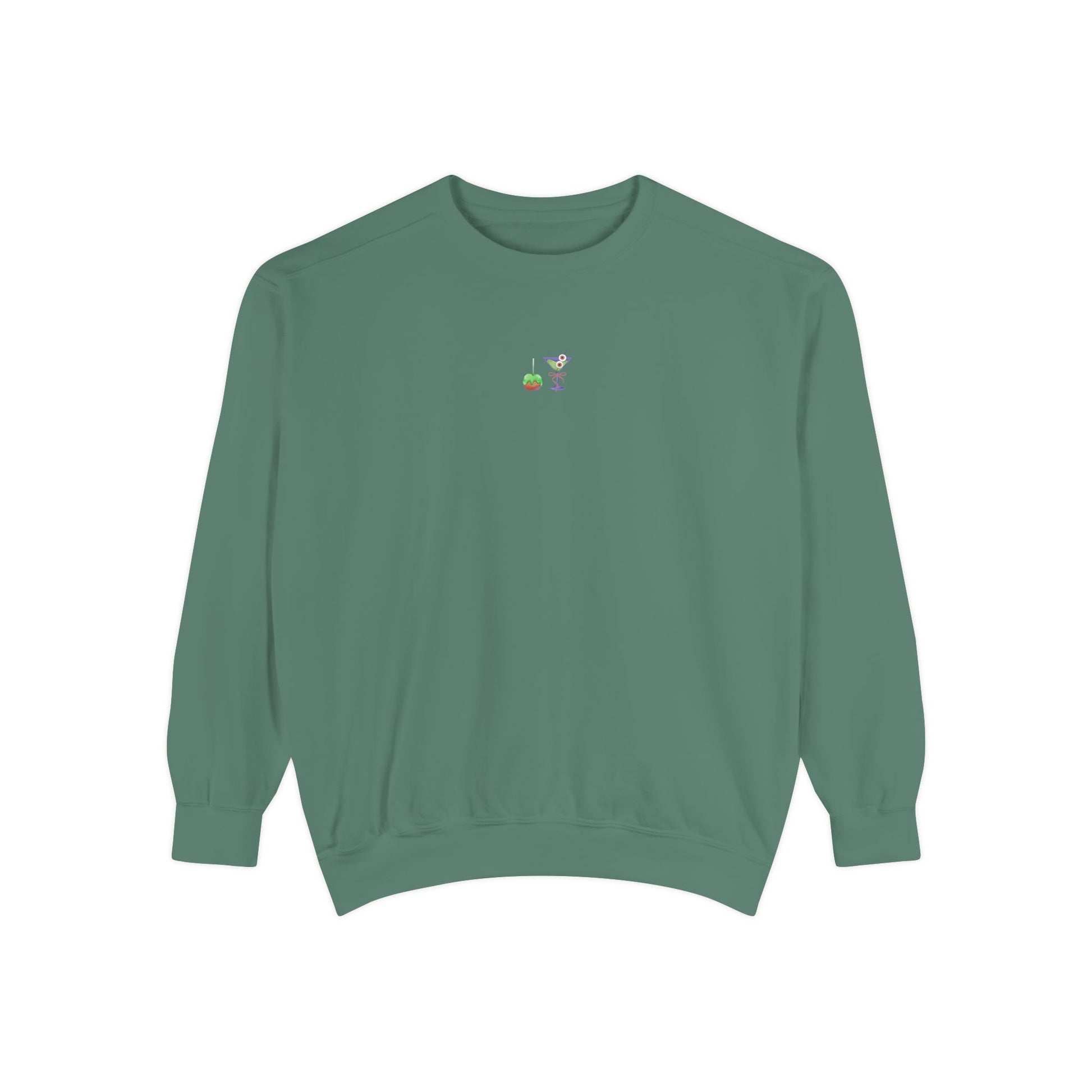 Spruce green Halloween sweatshirt featuring embroidered poison caramel apple and witches brew eyeball cocktail design at center chest