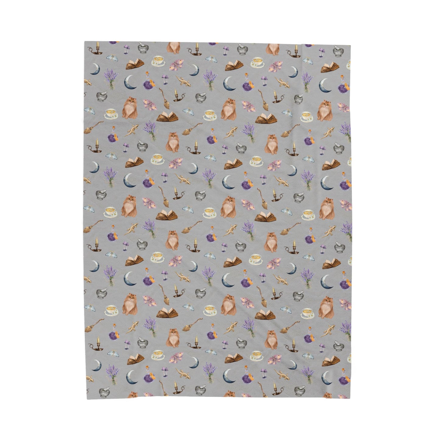 Patterned Halloween throw blanket featuring cats, books, tea cups, broomsticks, candles, lavender, moths, and potions