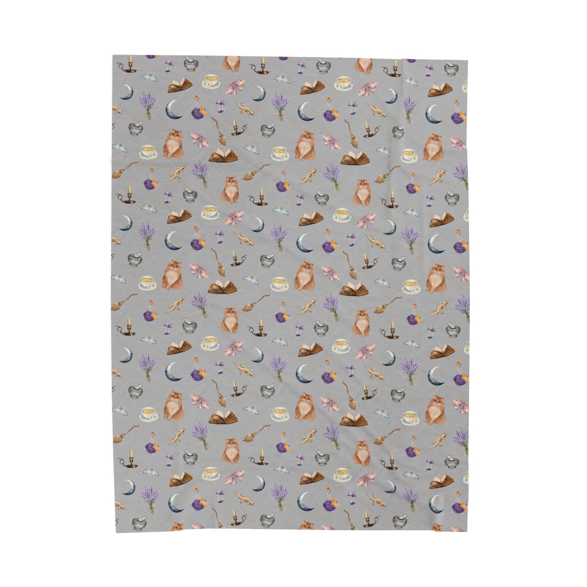 Patterned Halloween throw blanket featuring cats, books, tea cups, broomsticks, candles, lavender, moths, and potions