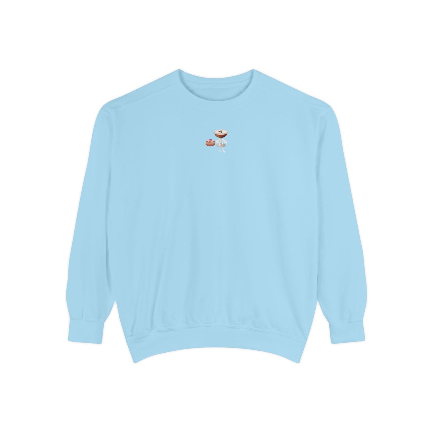 Light blue sweatshirt with a small embroidered Hanukkah design