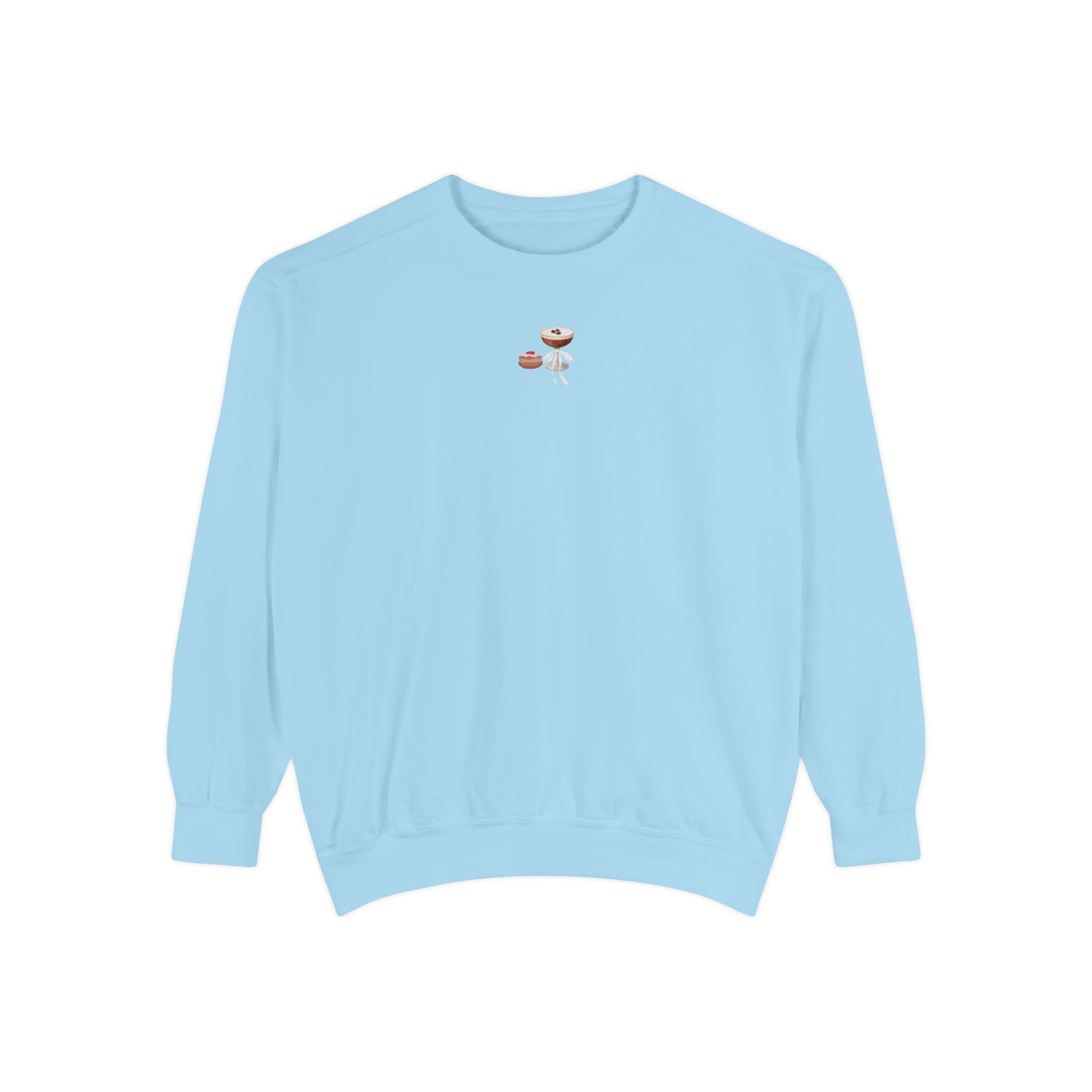 Light blue sweatshirt with a small embroidered Hanukkah design