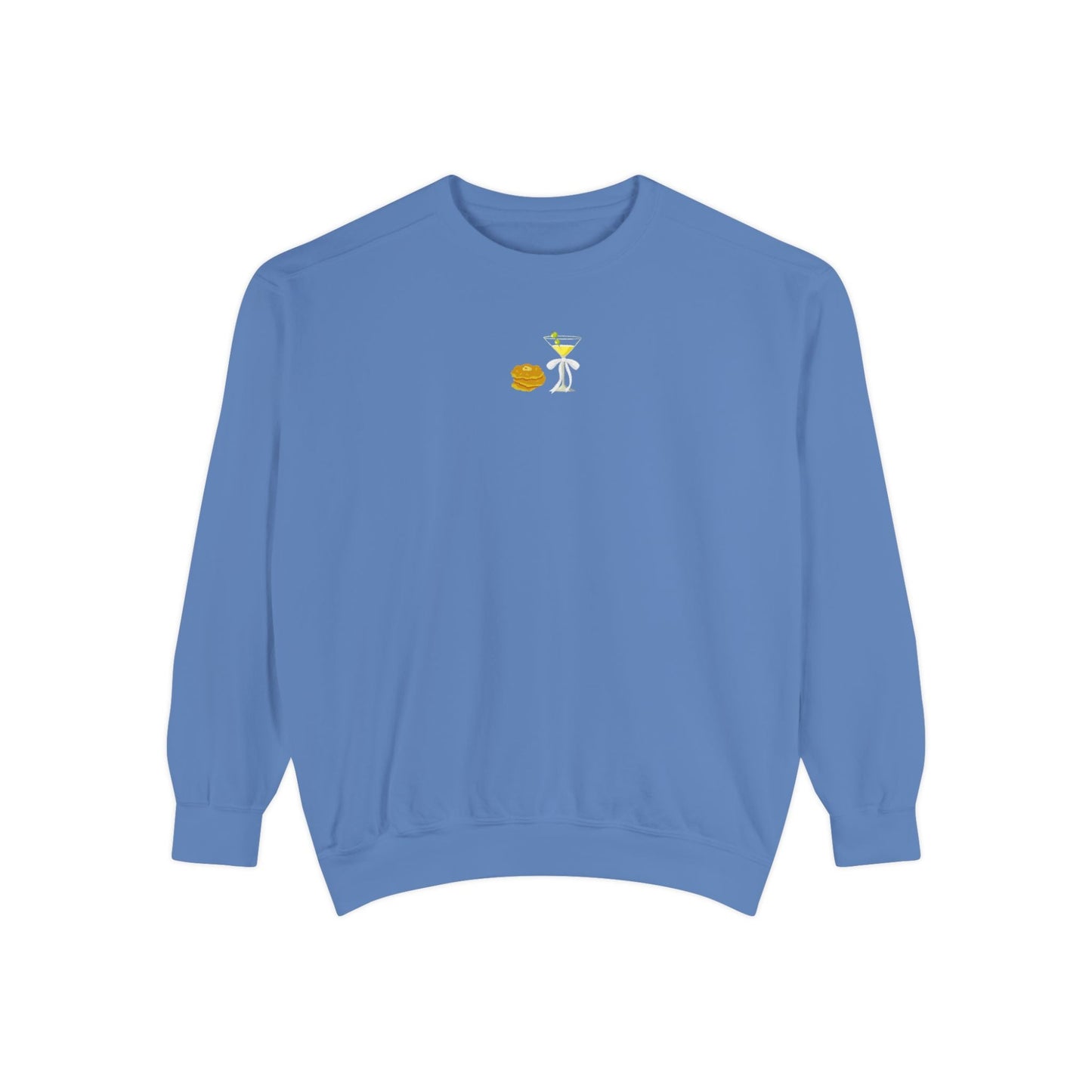 Blue sweatshirt with a small embroidered Hanukkah design