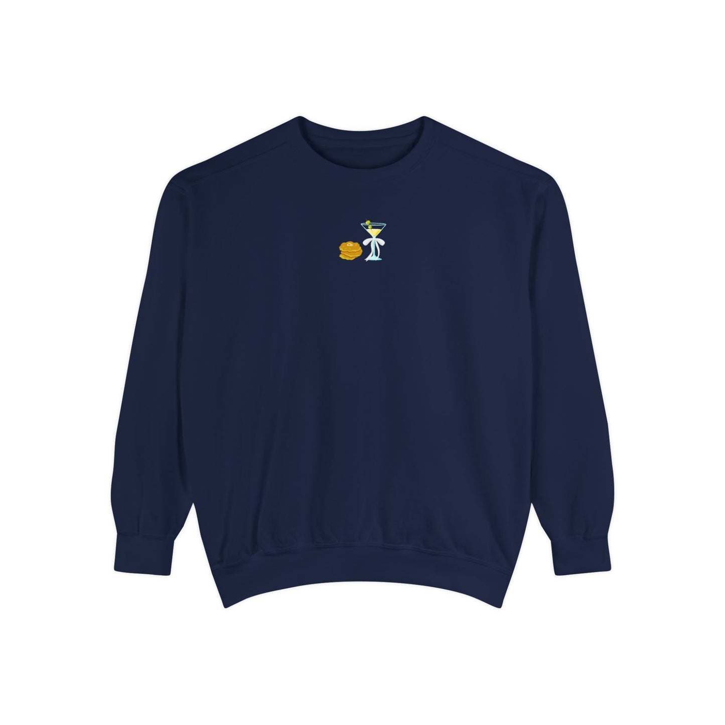 Navy blue sweatshirt with a small embroidered Hanukkah design