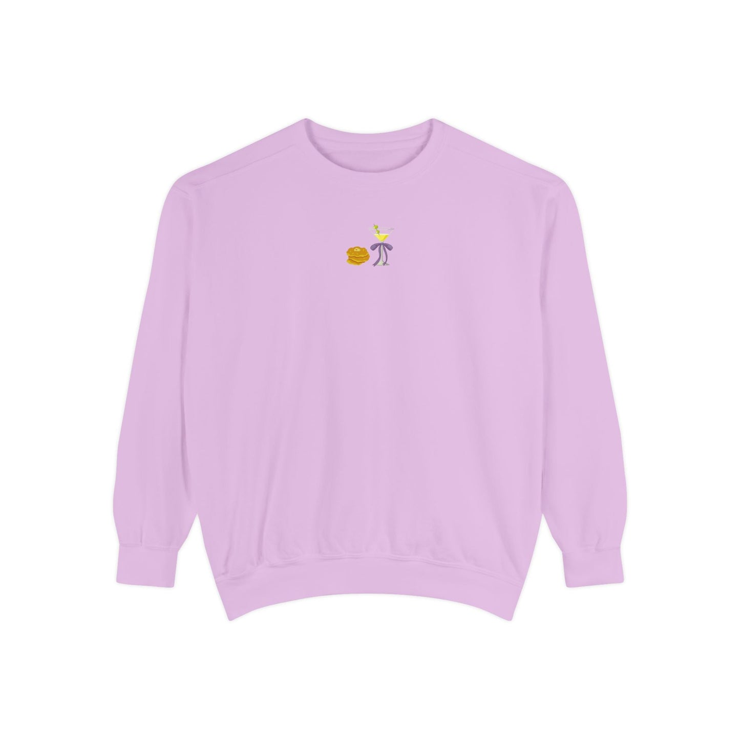 Light purple sweatshirt with a small embroidered Hanukkah design