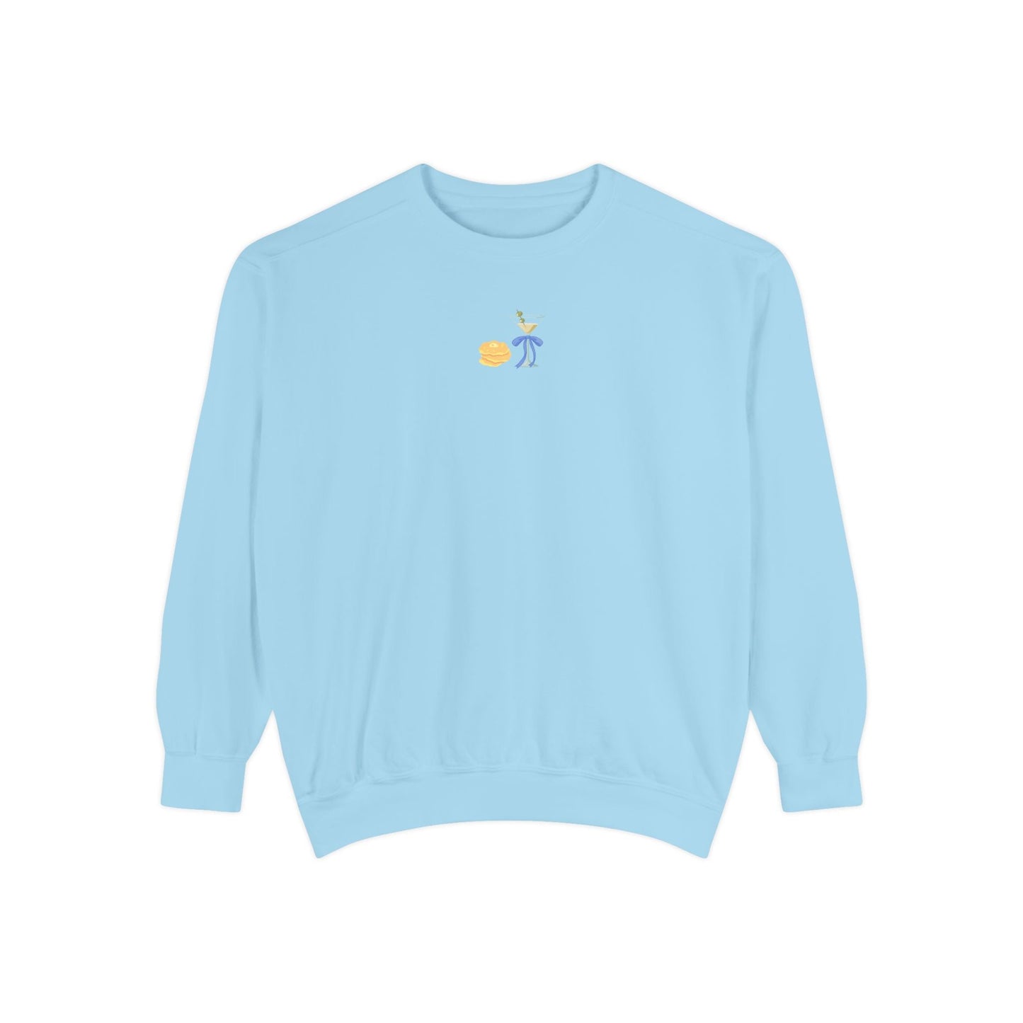 Light blue sweatshirt with a small embroidered Hanukkah design