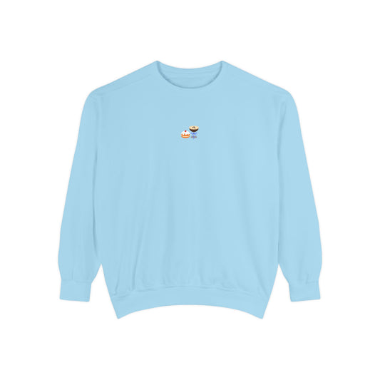 Light blue crew neck sweatshirt for Hanukkah with small embroidered donut and espresso martini at center chest