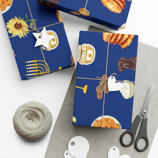 Hanukkah gift boxes wrapped in vibrant blue patterned paper, tied up with string