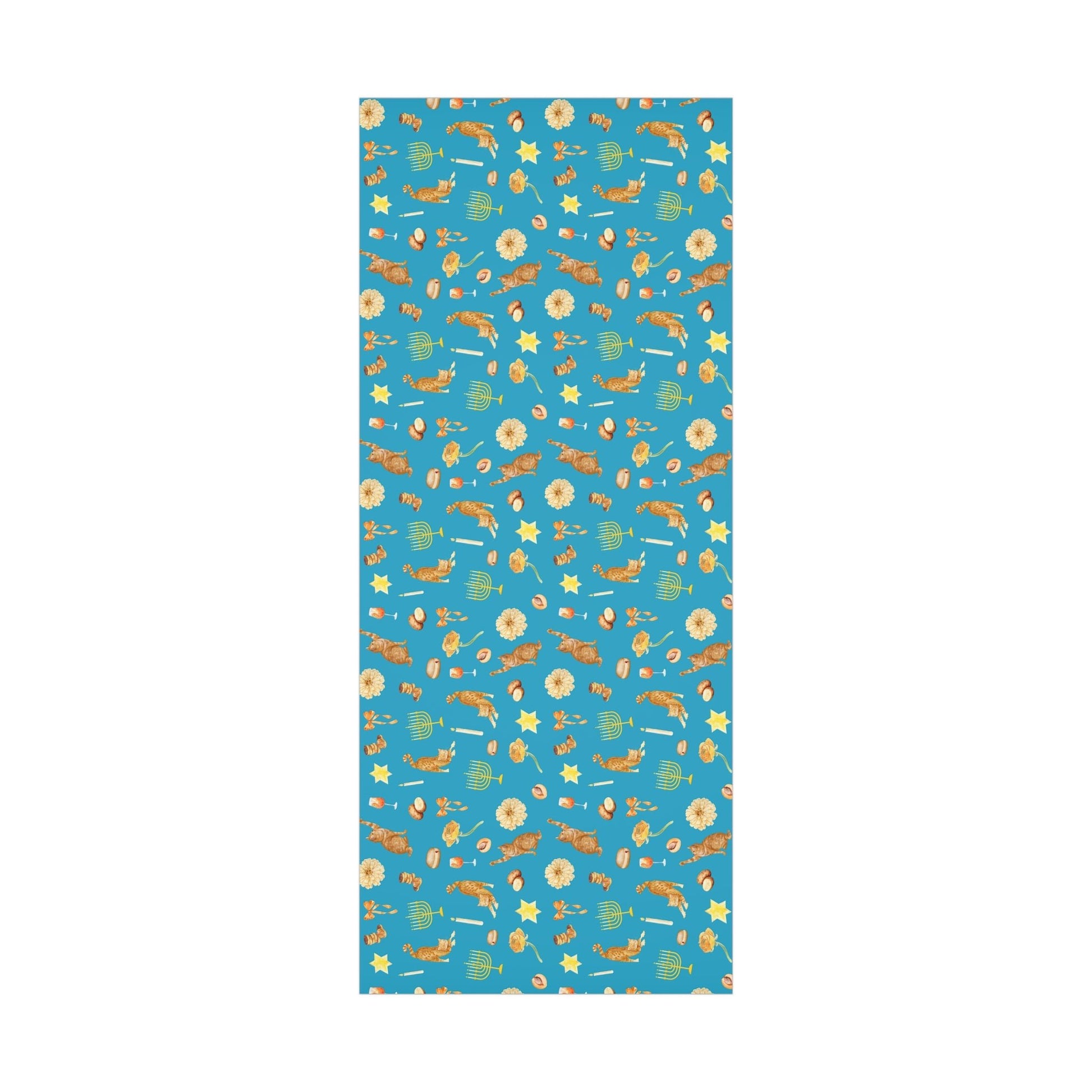 Blue wrapping paper Hanukkah pattern of orange cats, menorahs, gelt, flowers, and candles