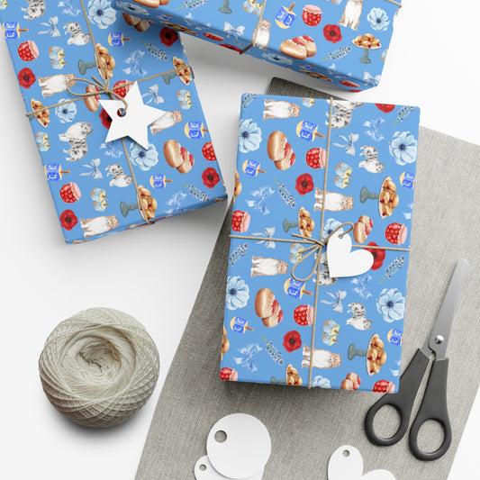 Hanukkah gift boxes wrapped in vibrant blue patterned paper, tied with string