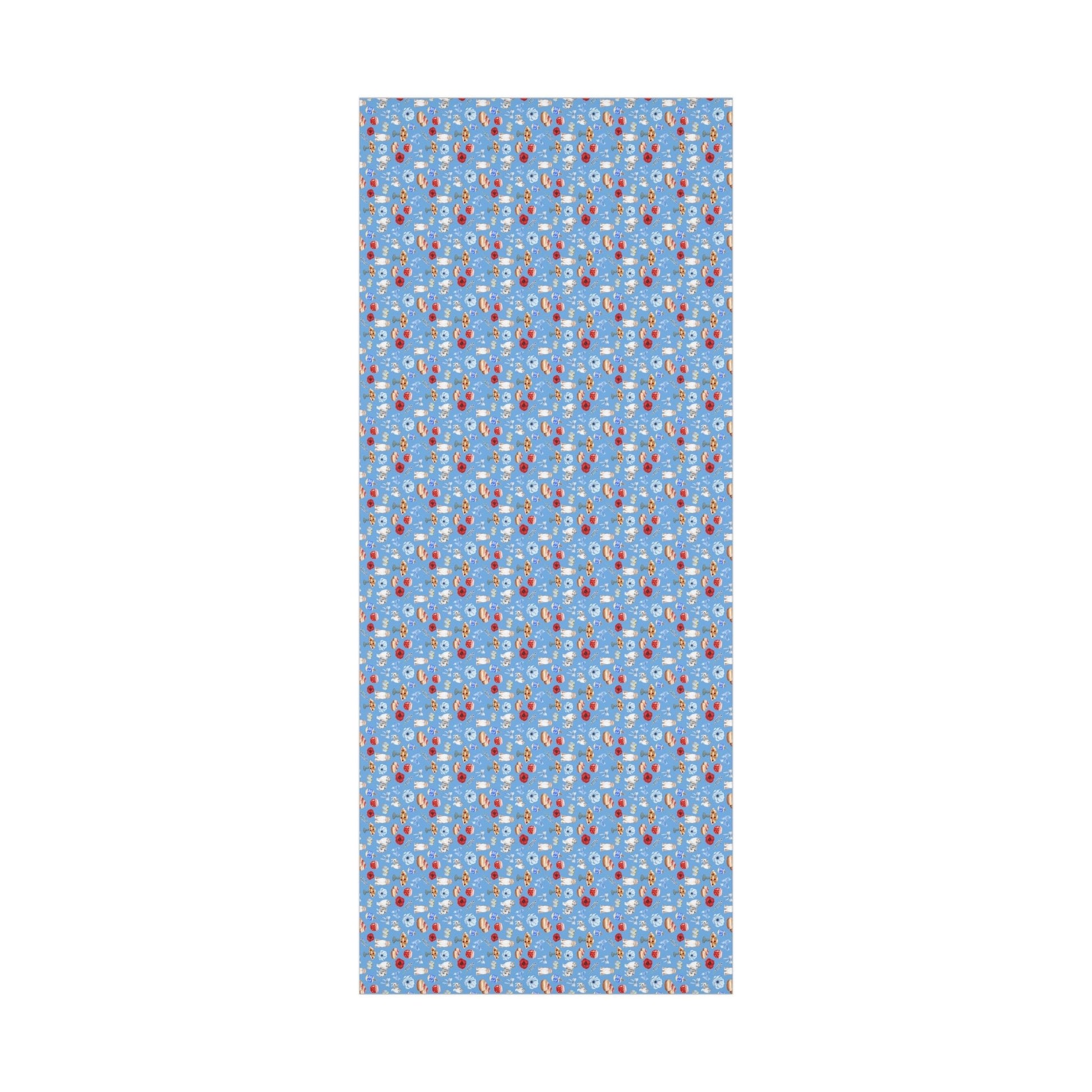 Patterned Hanukkah wrapping paper swatch with small dog and donut designs on a blue background