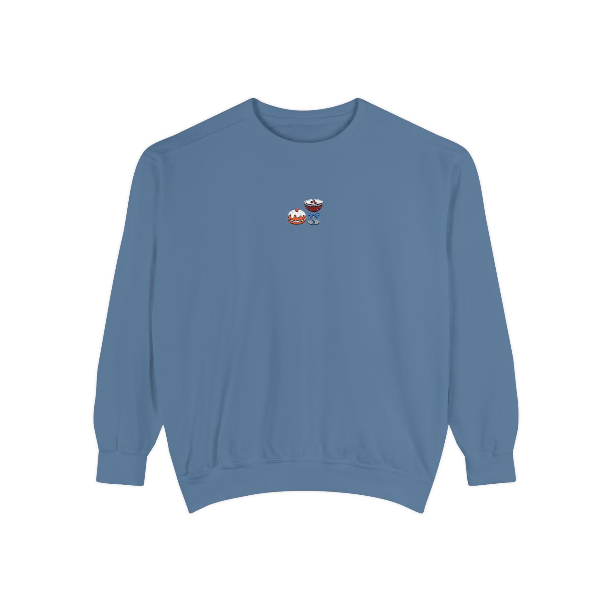 Blue crewneck sweatshirt with small embroidered design of sufganiyah and espresso martini