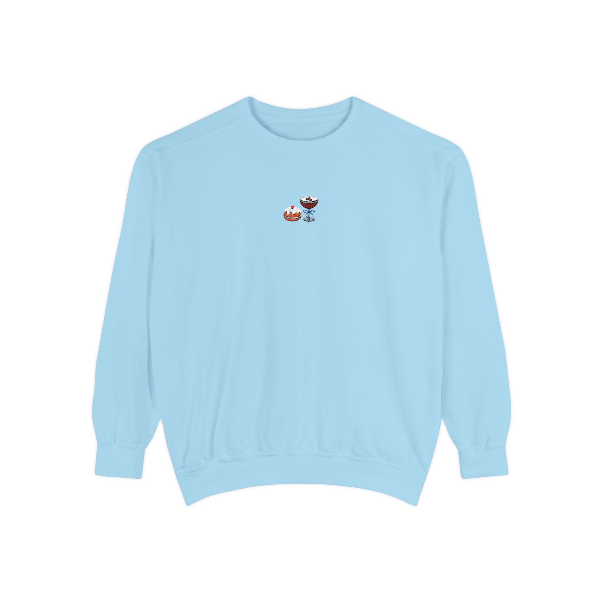 Light blue crewneck sweatshirt with small embroidered design of sufganiyah and espresso martini