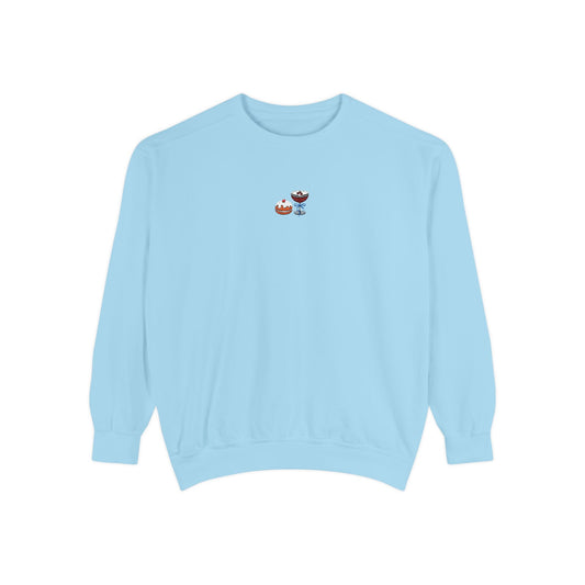 Light blue crewneck sweatshirt with small embroidered design of sufganiyah and espresso martini
