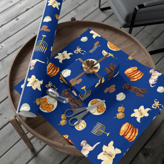 wrapping Hanukkah gifts for the family in printed paper featuring labrador retriever dogs, latkes with applesauce and sour cream, menorahs, flowers, and gelt
