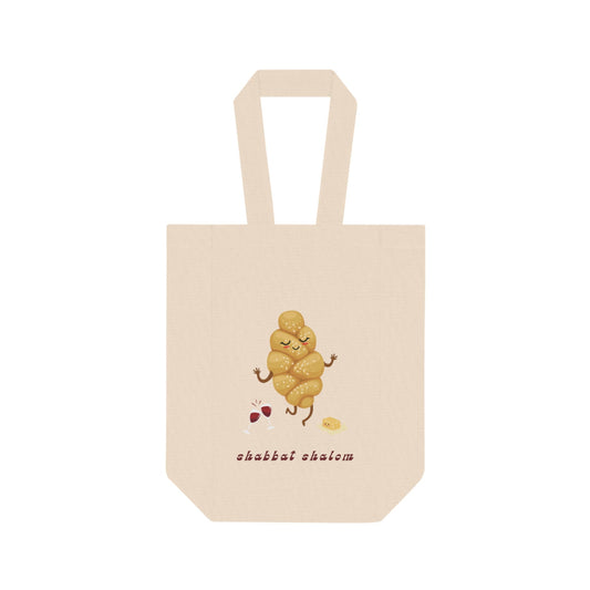 natural canvas tote bag holds two bottles of wine for the perfect hostess gift featuring a shabbat print with challah